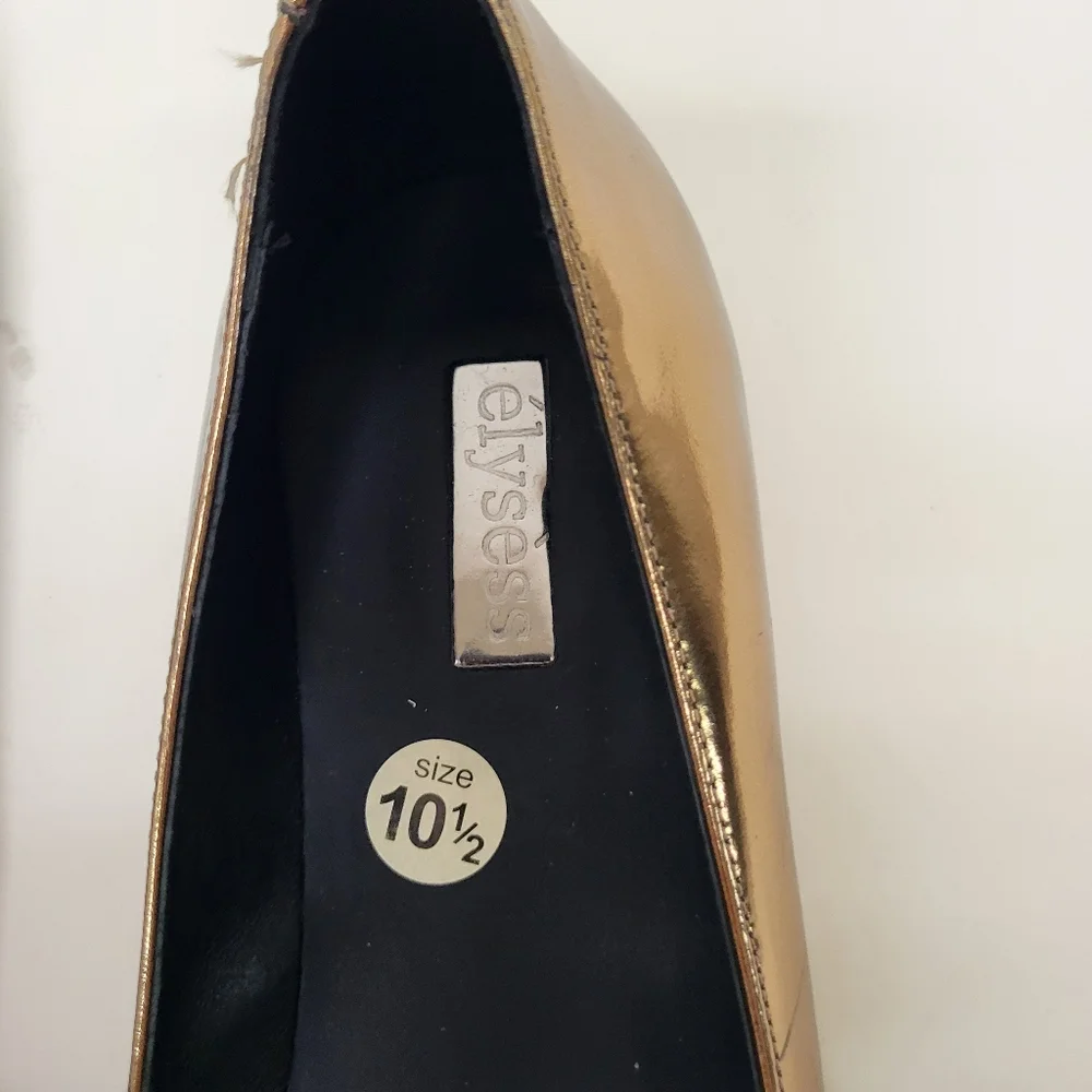 ANTHROPOLOGY Elysess Flats Womens 10.5 Gold Black Bow Patent Pointed Toe - Picture 5 of 12